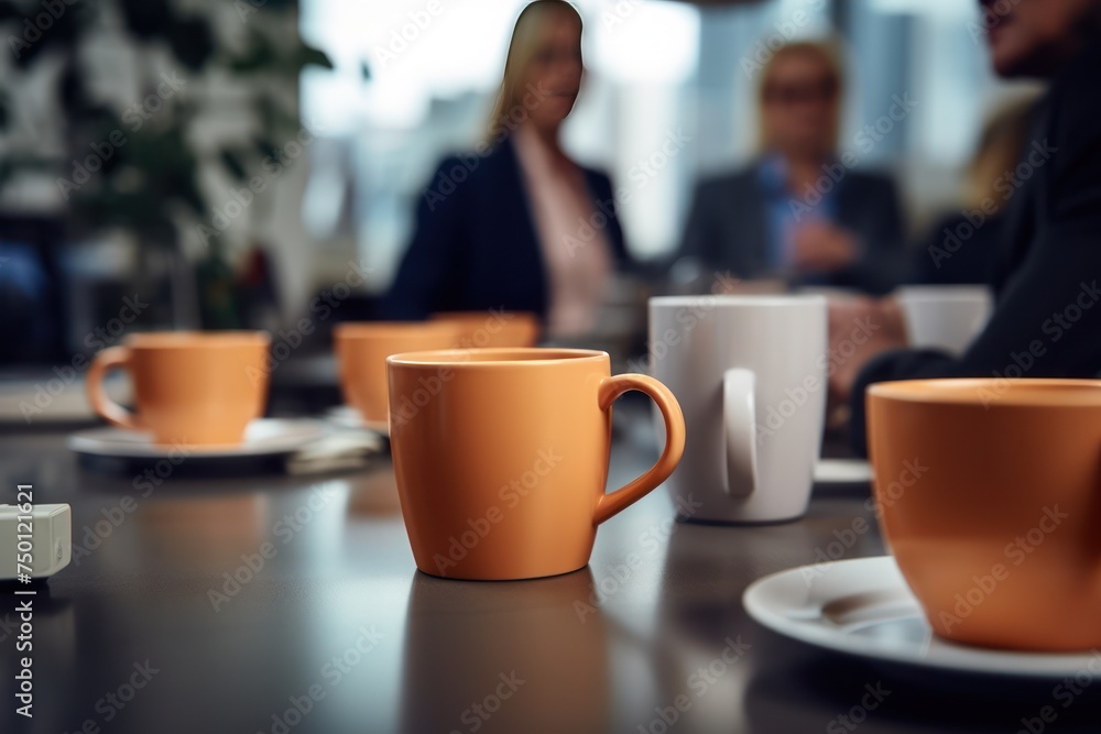 Background of a coffee or tea cup on a desk in the office. in the background blurred with office workers. Background of a coffee or tea cup on a desk in the office. in the background blurred with office workers.