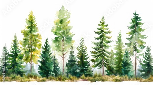 Lush Green Fir Tree Forest Watercolor Illustration Generative AI