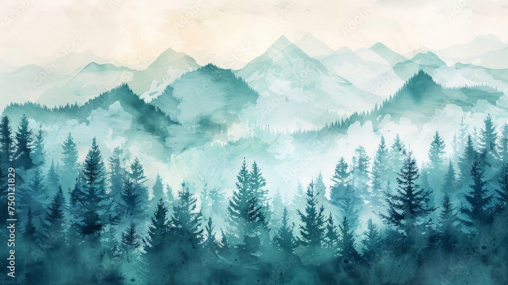 Serene Pine Tree Panorama Watercolor Illustration Generative AI