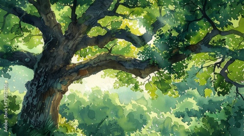 Watercolor Oak Tree in Lush Forest Generative AI
