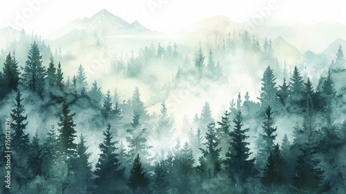 Serene Pine Tree Panorama Watercolor Illustration Generative AI © Alex