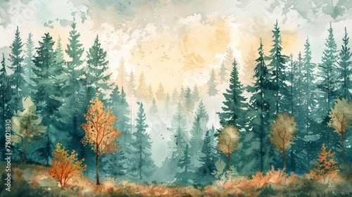 Serene Pine Tree Panorama Watercolor Illustration Generative AI