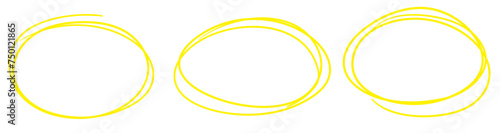 Yellow circle line hand drawn set. Highlight hand drawing circle isolated on background. Round handwritten circle. For marking text, note, mark icon, number, marker pen, pencil and text check, vector
