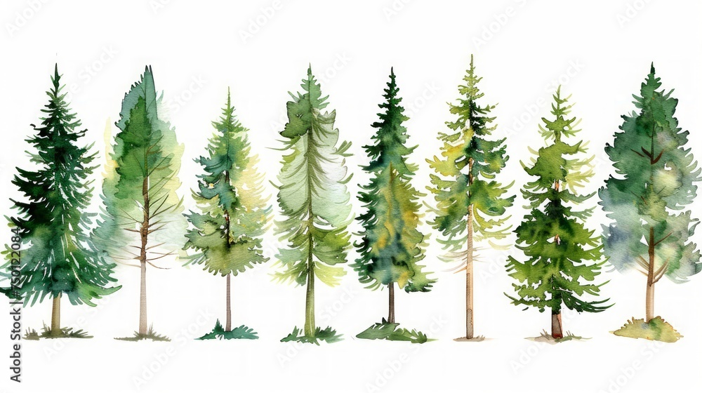 Obraz premium Tranquil Green Pine Forest with Fir Tree Silhouettes Generative AI