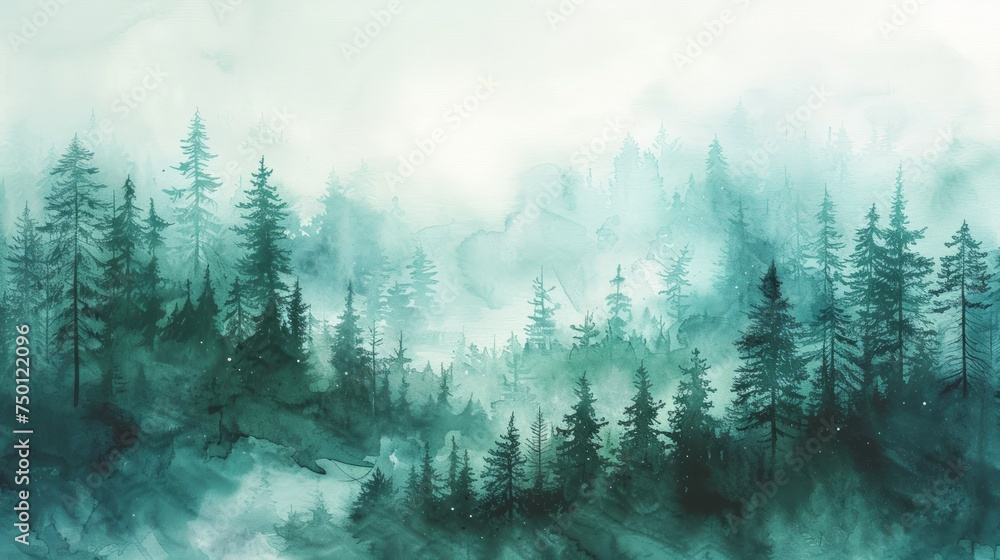 Misty Winter Taiga Hill in Watercolor Generative AI