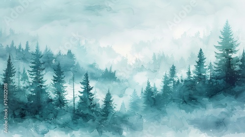 Misty Winter Taiga Hill in Watercolor Generative AI © Alex