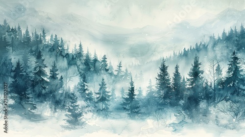 Misty Winter Taiga Hill in Watercolor Generative AI © Alex