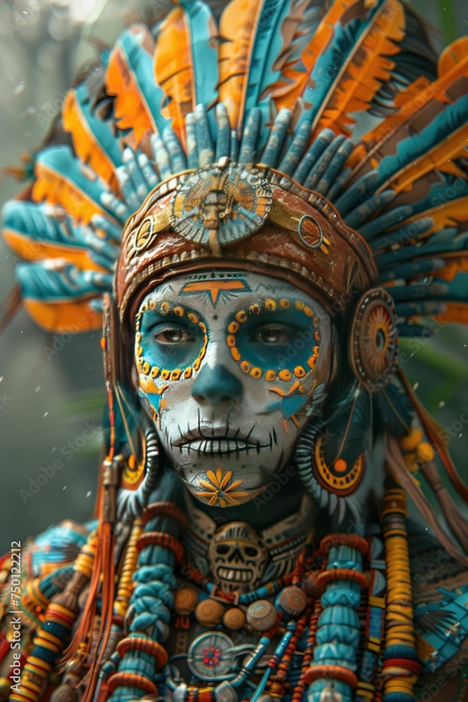 Detailed view of a tribal mask with vibrant headdress and face paint