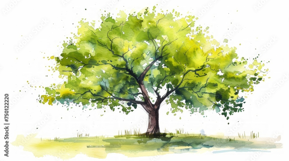 Lush Green Summer Tree Watercolor Illustration Generative AI Lush Green Summer Tree Watercolor Illustration Generative AI