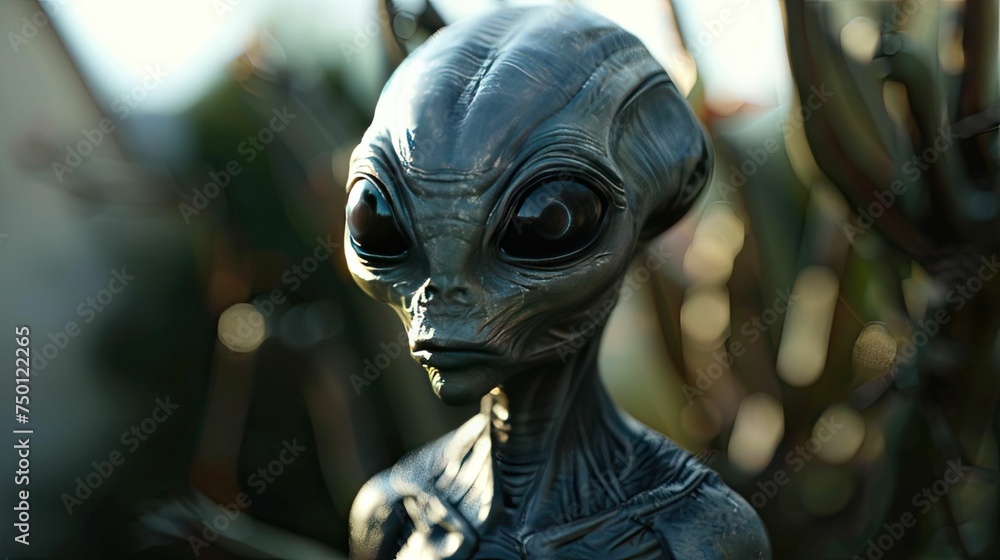 A realistic alien figure with large eyes in a natural setting A realistic alien figure with large eyes in a natural setting