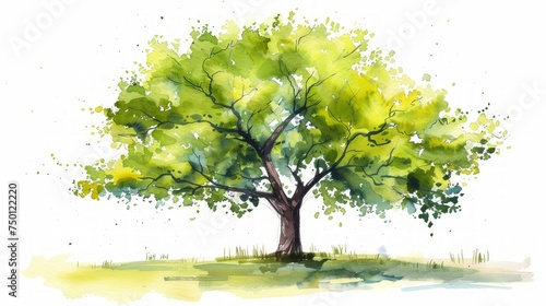 Lush Green Summer Tree Watercolor Illustration Generative AI