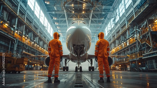 Two engineers in orange coveralls inspecting a large aircraft in a hangar