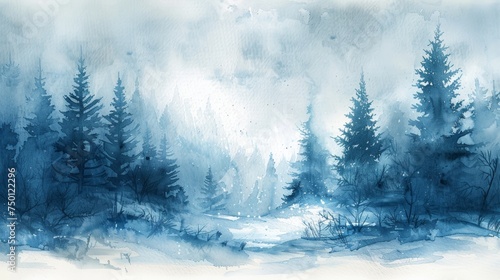 Hand Drawn Watercolor Painting of Christmas Tree Forest Landscape Generative AI