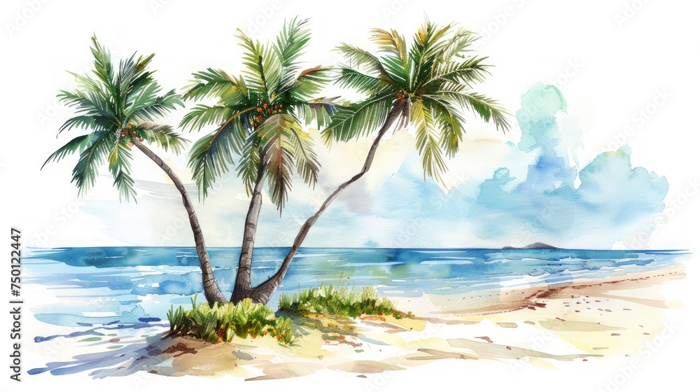 Summer Vacation: Watercolor Palm Trees on Beach Generative AI