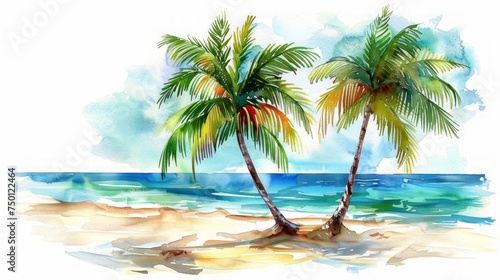 Summer Vacation: Watercolor Palm Trees on Beach Generative AI