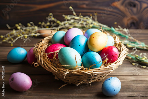 Easter eggs in a basket on a wooden table © petro