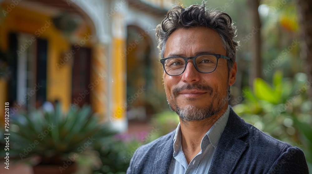 Fototapeta premium Diplomatic Portrait of a Latin Man on an Official Visit Generative AI