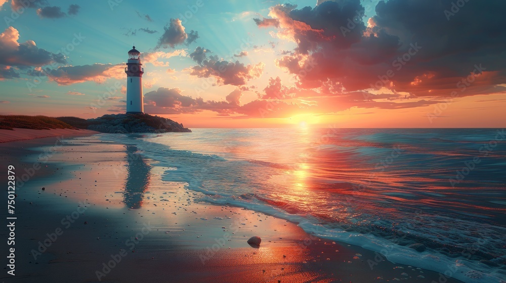 Seashore Lighthouse in Focus: A Serene Coastal Scene Generative AI