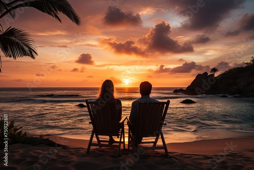 Summer holiday vacation with happy couple enjoy luxury sunset on the beach background