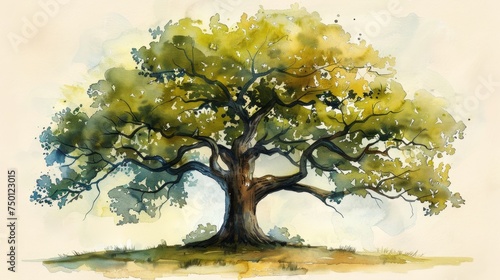 Majestic Oak Tree Watercolor Illustration Generative AI