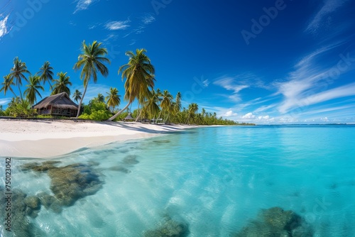 Summer holiday vacation and sunny tropical beach with island sea in sky background © pixeness