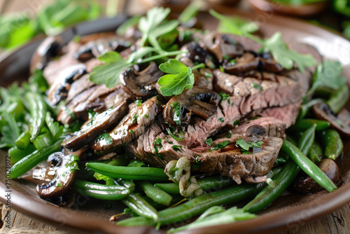 A hearty salad featuring grilled beef, portobello mushrooms, and green beans © Veniamin Kraskov