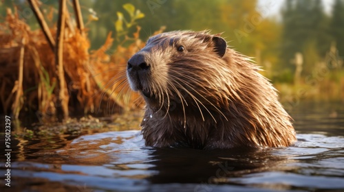 The curious gaze of a beaver's head rises from the water amidst rich vegetation, capturing the essence of a serene river scene. © ProPhotos