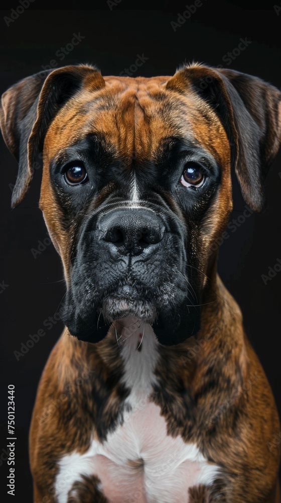 a boxer dog close-up portrait looking direct in camera with low-light, black backdrop. Boxer dog with a collar looking to the side, black background