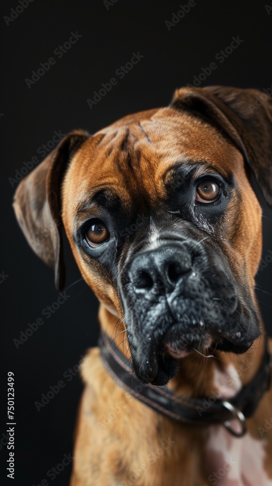 a boxer dog close-up portrait looking direct in camera with low-light, black backdrop. Boxer dog with a collar looking to the side, black background