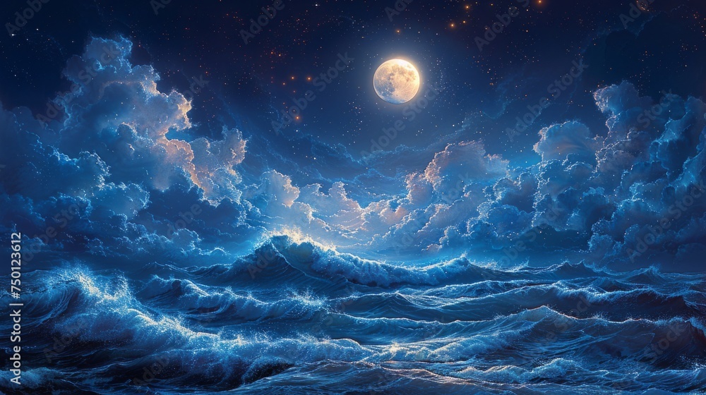 Moonlit Marine Fantasy Landscape with Crashing Waves Generative AI