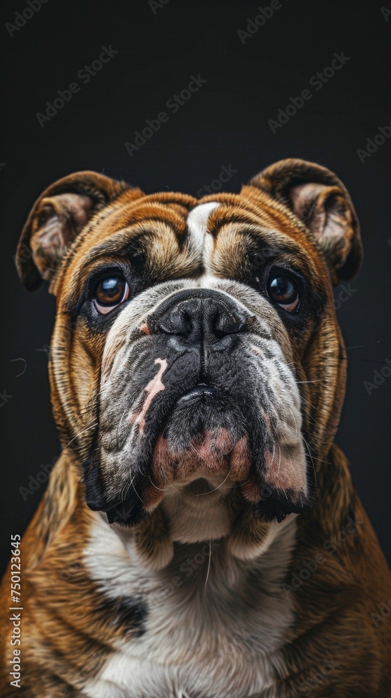 a bulldog close-up portrait looking direct in camera with low-light. English Bulldog puppy looking up, black background