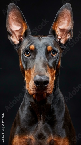 a Doberman close-up portrait looking direct in camera with low-light, black backdrop. Doberman pinscher with ears alert on a dark background