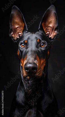 a Doberman close-up portrait looking direct in camera with low-light  black backdrop. Doberman pinscher with ears alert on a dark background