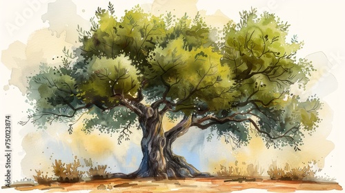 Hand Drawn Watercolor Illustration of Olive Tree Generative AI