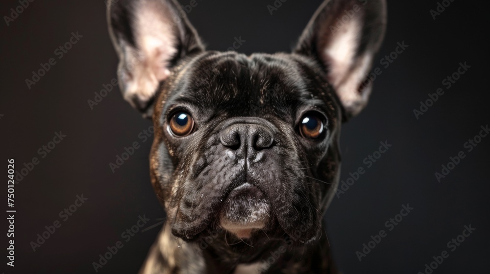 french bulldog close-up portrait looking direct in camera with low-light, black backdrop. French Bulldog with attentive eyes, close-up