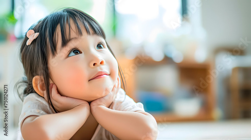 Portrait of an Asian little girl looking up. Space for text