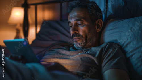 man is lying in bed at night, using a tablet with a visible screen glow illuminating his face.