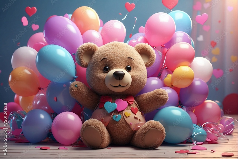 Plush bear with heart-shaped balloons. Holiday greetings, postcard Plush bear with heart-shaped balloons. Holiday greetings, postcard