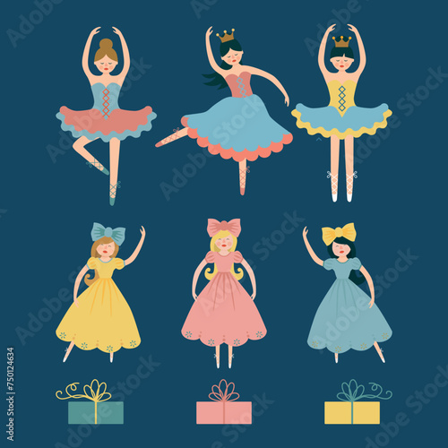Set of dolls ballerinas and boxes of presents on blue background. 