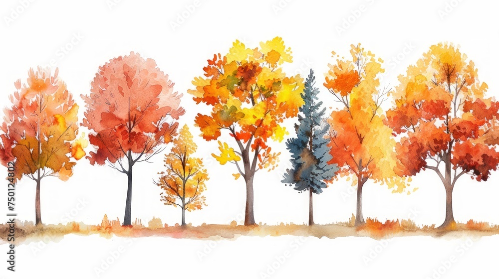 Autumn Watercolor Trees Hand Illustration Generative AI Autumn Watercolor Trees Hand Illustration Generative AI