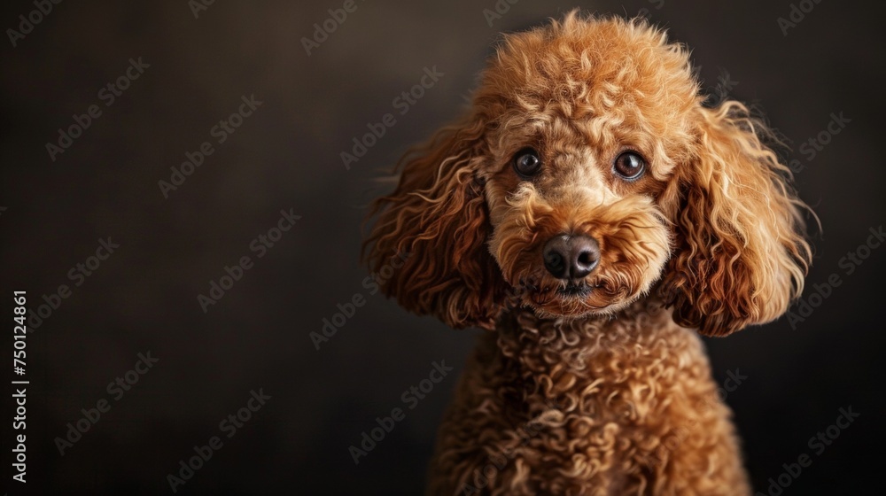 a Poodle close-up portrait looking direct in camera with low-light, black backdrop. Cute apricot poodle against dark background. a Poodle close-up portrait looking direct in camera with low-light, black backdrop. Cute apricot poodle against dark background.
