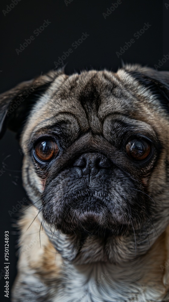 a pug dog close-up portrait looking direct in camera with low-light, black backdrop. Pug dog wrapped in a blanket, with a black background.