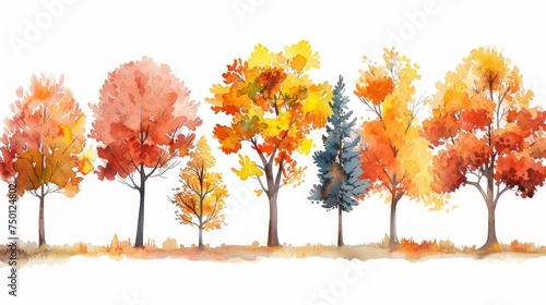 Autumn Watercolor Trees Hand Illustration Generative AI