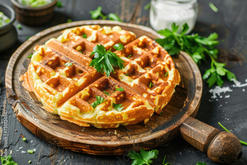 Crispy keto chaffles - waffles made with cheese and eggs, topped with fresh greens