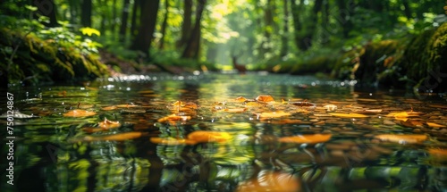 A forest stream glides smoothly over a bed of autumn leaves  reflecting the tranquility of its woodland surroundings. The gentle flow of water creates a sense of calm and continuity.