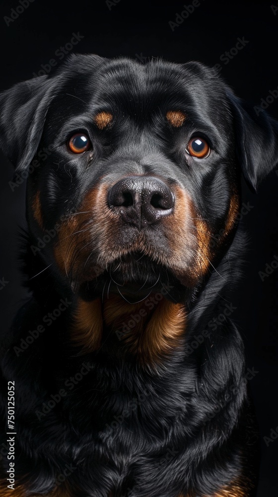 a Rottweiler close-up portrait looking direct in camera with low-light, black backdrop. Intense Rottweiler dog against a black background.