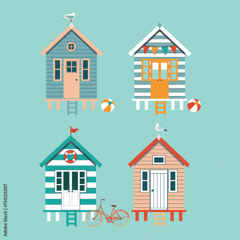 Set of colourful beach huts, seagull and bike on blue background. Set of colourful beach huts, seagull and bike on blue background.