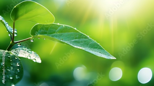 A water droplet falls from a green leaf against a summer backdrop.