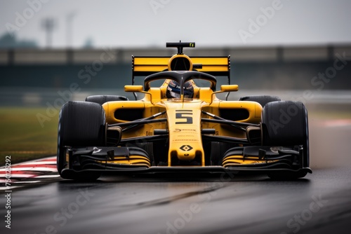 Racing car concept. The yellow Formula 1 car races on the track while driving front view.
