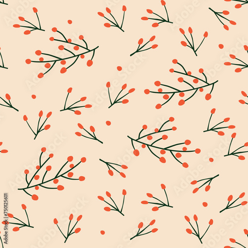 Christmas seamless pattern with  branches and red berries. 